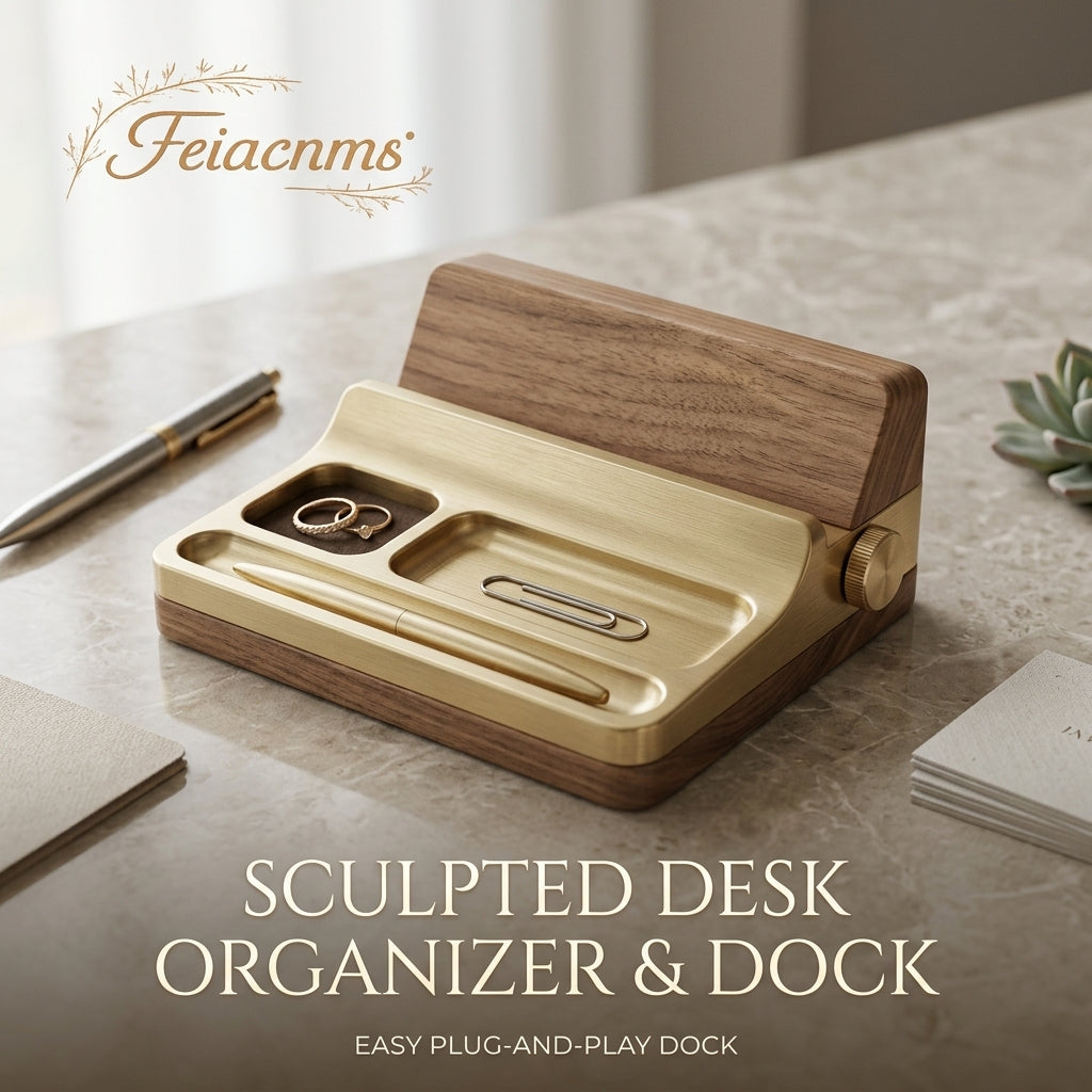 Feiacnms™ Sculpted Walnut & Brass Desk Organizer - Luxury Phone Docking Station, Jewelry Valet Tray & Executive Office Accessory - Minimalist Aesthetic Workspace Solution
