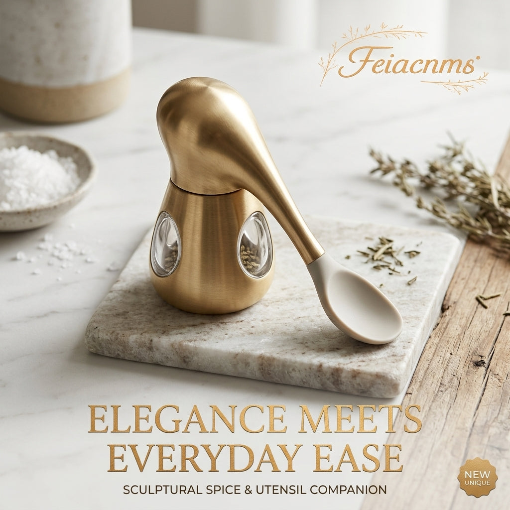 Feiacnms™ Luxury Gold Sculptural Spice Jar with Integrated Spoon – Modern Condiment Pot & Refined Seasoning Container for Kitchen Countertop – Elegant Salt & Pepper Cellar Statement Piece