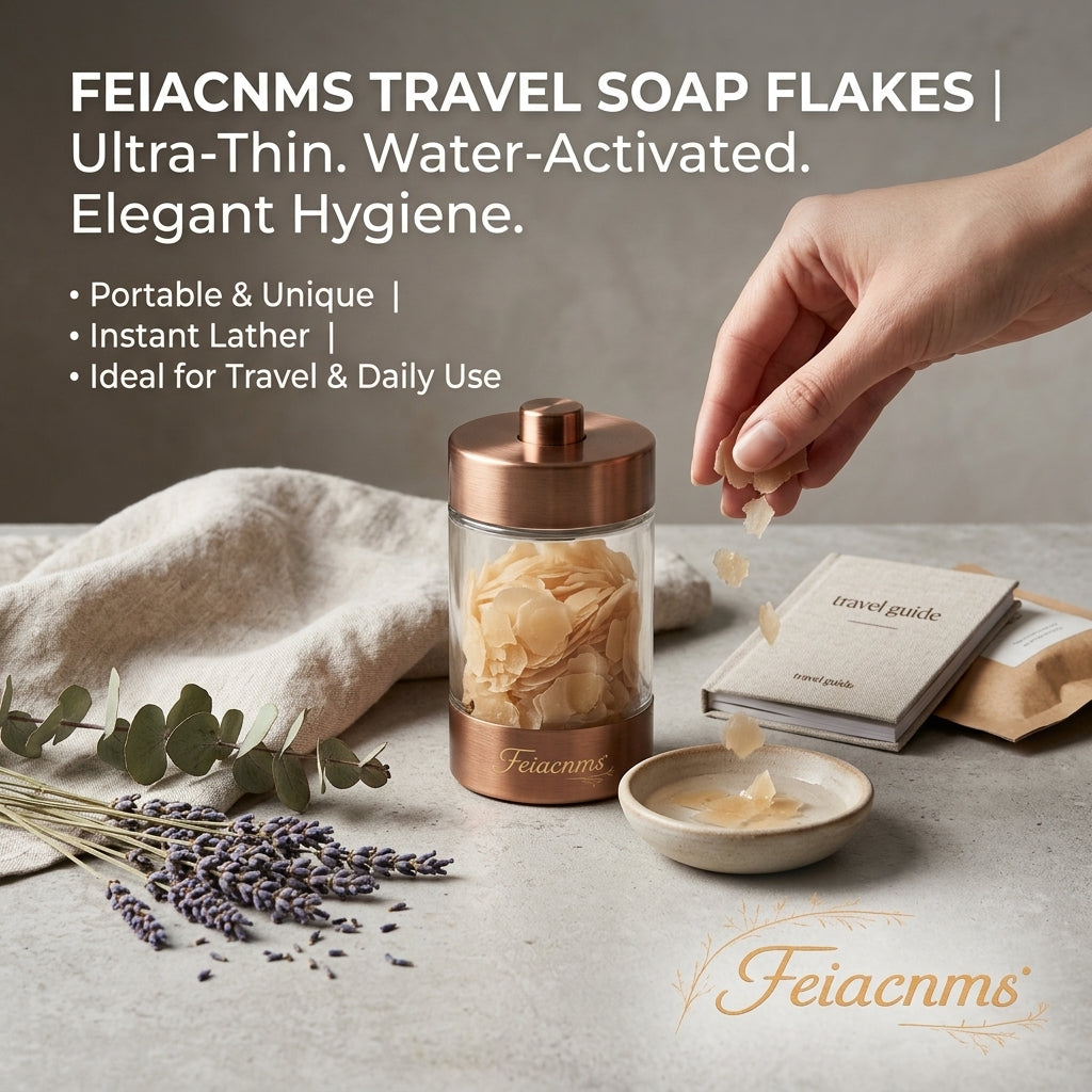 Feiacnms™ Travel Soap Flakes – Ultra-Thin Water-Activated Cleansing Sheets | Premium Portable Hand Soap with Elegant Glass Container | Eco-Friendly Hygiene Solution for Travel, Camping, Business Trips & Daily Use