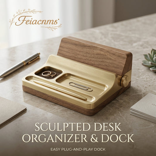 Feiacnms™ Sculpted Walnut & Brass Desk Organizer - Luxury Phone Docking Station, Jewelry Valet Tray & Executive Office Accessory - Minimalist Aesthetic Workspace Solution