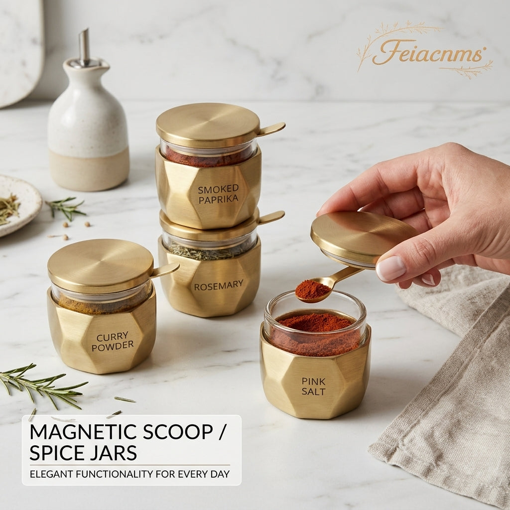Feiacnms™ Premium Magnetic Scoop Spice Jars – Modern Geometric Glass Seasoning Containers with Gold Finish, Stackable Spice Jar Set for Kitchen Countertop Organization, Includes Magnetic Measuring Spoons