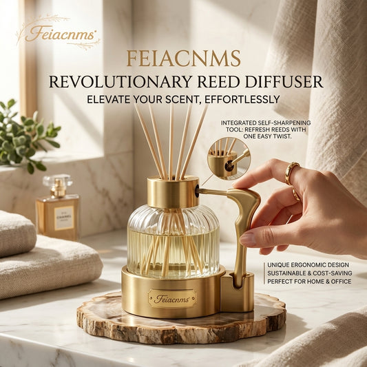 Feiacnms™ Revolutionary Self-Sharpening Reed Diffuser - Long-Lasting Luxury Home Fragrance Set with Ergonomic Refresh Tool - Elegant Gold & Ribbed Glass Decor for Home & Office