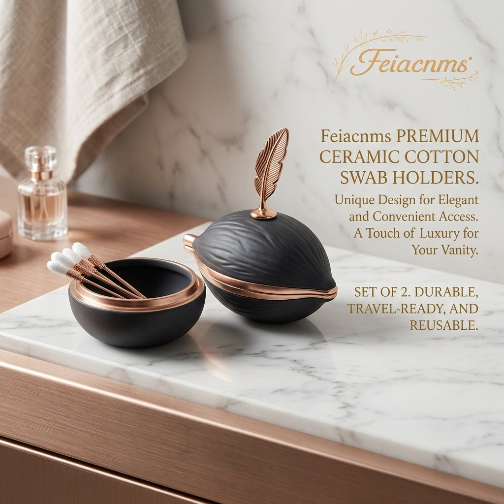 Feiacnms™ Premium Ceramic Cotton Swab Holder Set of 2 – Elegant Matte Black & Rose Gold Q-tip Dispenser with Feather Lid – Luxury Vanity Decor & Bathroom Canister for Cotton Buds, Pads, and Jewelry