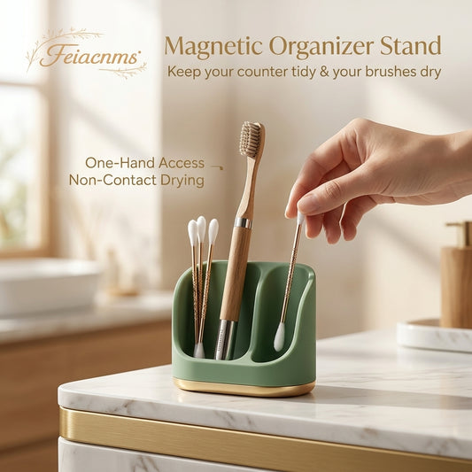 Feiacnms™ Magnetic Organizer Stand – Sleek Toothbrush & Beauty Tool Caddy for Countertop | One-Hand Access & Hygienic Non-Contact Quick-Drying Design | Modern Sage Green & Gold Aesthetic