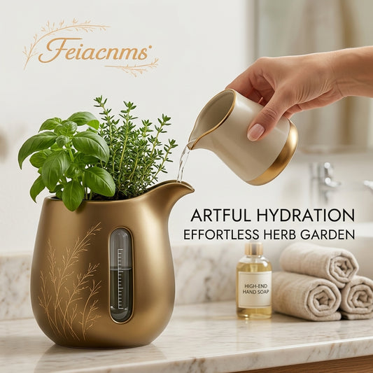 Feiacnms™ Luxury Self-Watering Herb Garden Planter – Elegant Gold Decorative Indoor Pot with Visual Water Level Indicator & Easy-Fill Spout for Kitchen Herbs, Succulents, and Indoor Plants